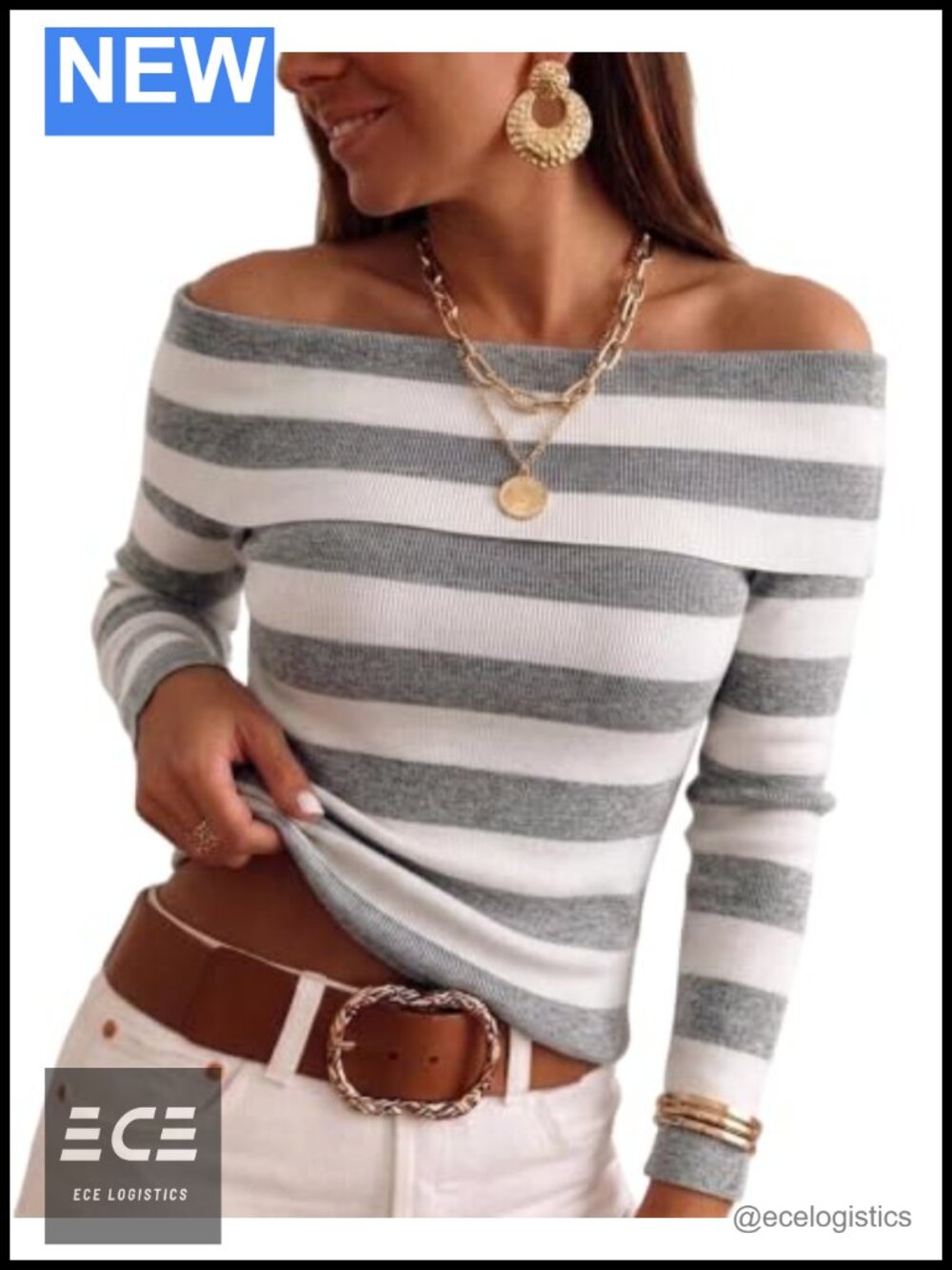 Off Shoulder Knit Sweater Striped Pullover Slim Fit Long Sleeve